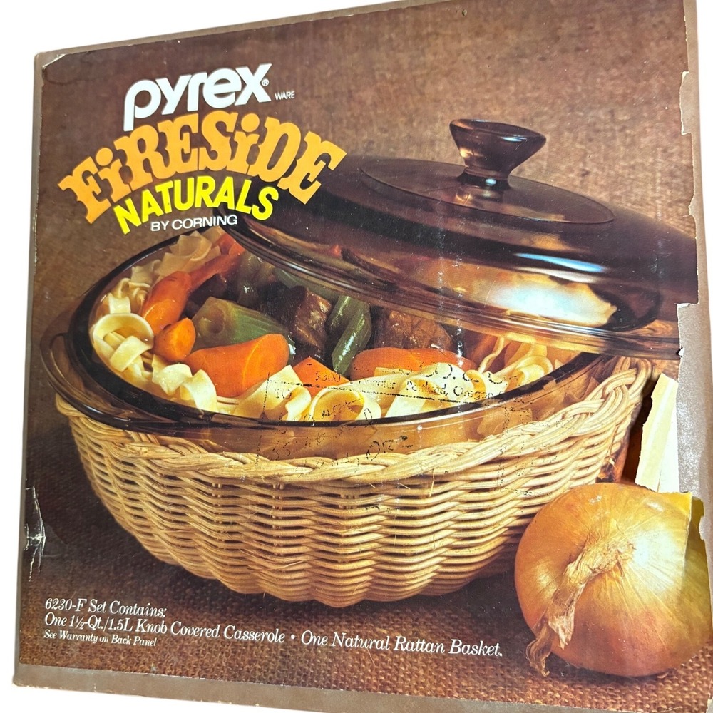 Pyrex Fireside Naturals Amber Glass Casserole 1.5 Qt Rattan Basket 6230-F Vtg